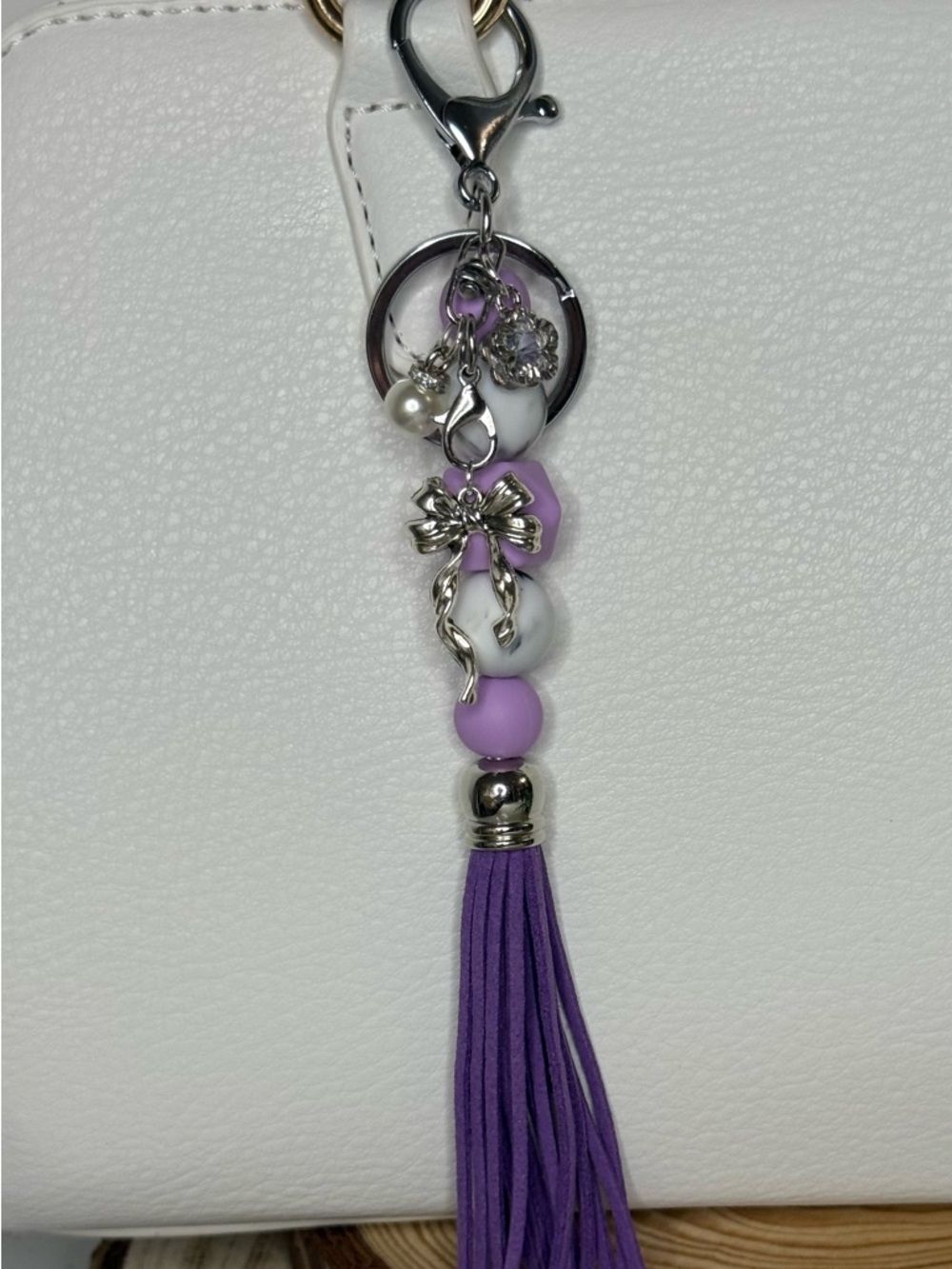 Silicone Beaded Purple Tassel Bow Charm Keychain